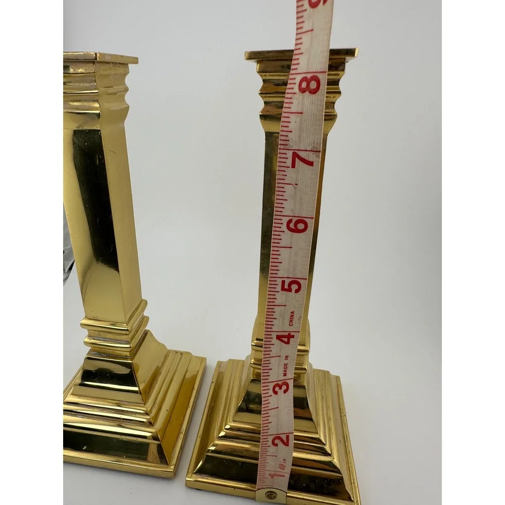 Jefferson Brass 8 Inch Heavy Polished Brass Candlesticks Pair Square Base Set 2